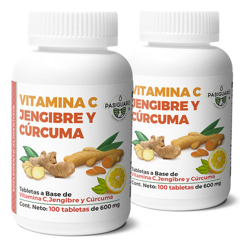 Vitamina C, Jengibre Y Cúrcuma 100 Tabletas De 600 Mg Sabor Sin sabor