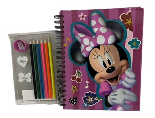 Minnie Mouse Libreta Espiral 100 Hojas, Colores Y Set 11 Pza