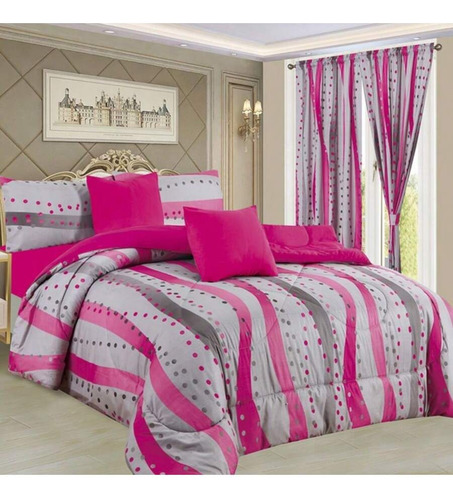 Juego 11 Pz Edredon Individual Reversible Cortinas Y Fundas Rosa Oscuro