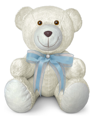 Ursinho De Pelúcia Articulado Antialérgico Decoração 15cm Cor Baunilha Com Azul Bebe