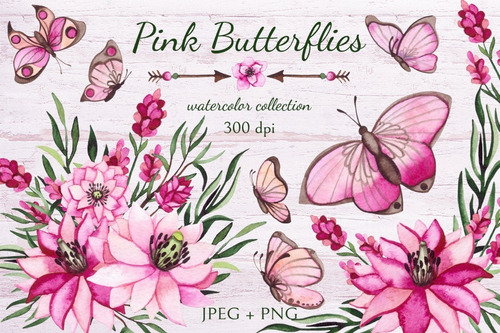 Kit Cliparts Mariposas Rosas Flores Primavera Acuarela Png  