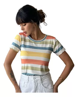Tshirt Listrado Color Blusa Básica Feminina Camiseta Gola O