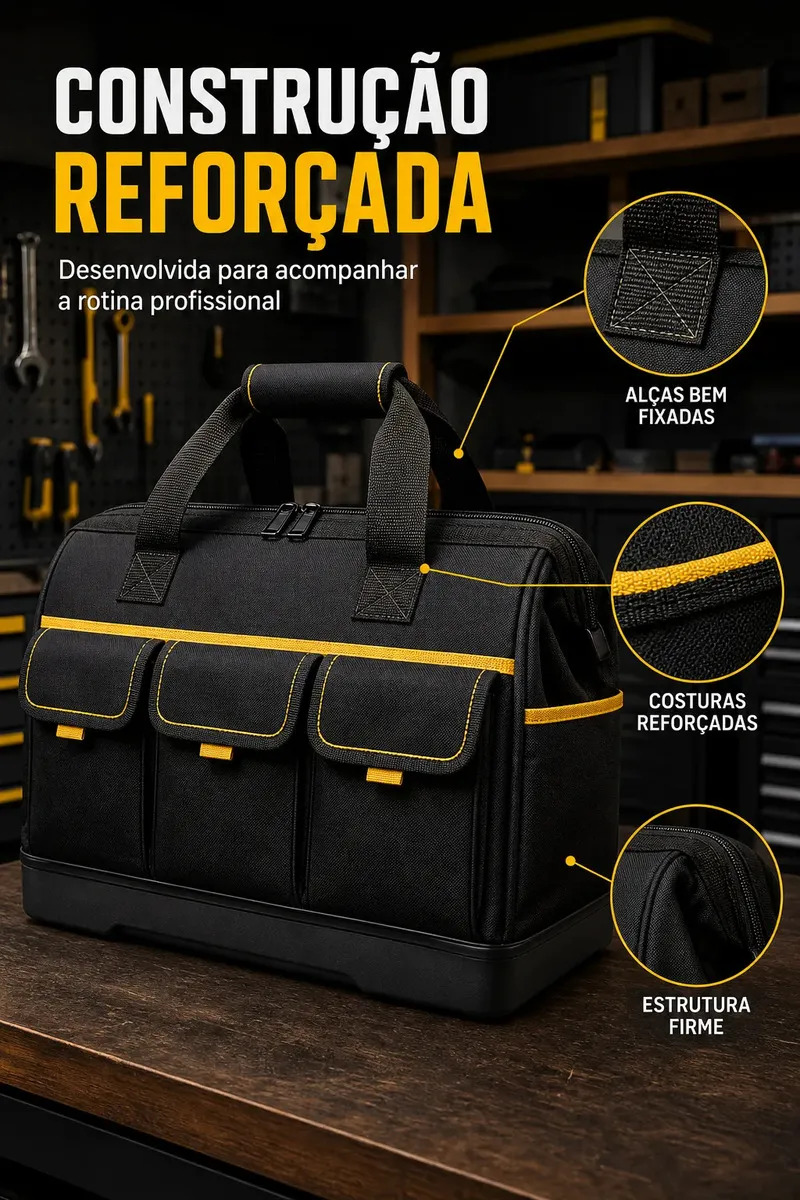Bolsa Maleta de Ferramentas 18 Polegadas Grande e Reforçada 16 Bolsos, 8 Internos e 8 Externos, Base Rígida e Alça Removível para Eletricista e Profissionais Preto e Amarelo Hardline · foto 4