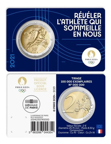 Moeda 2 Euro 2021 Olimpíadas Paris - França - Azul (Usado)