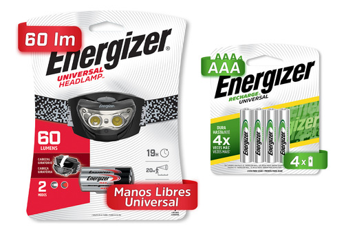 Linterna Manos Libres Energizer Hd33a4 + 4 Pilas Aaa Recarga