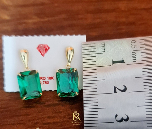 Brinco De Ouro 18k Com Zircônia Retangular De 8x10mm Com Nf