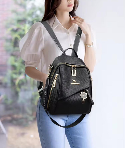 Mochila Mujer Eco Cuero Urbana Bolso Dama Antirrobo Negro Negro Liso