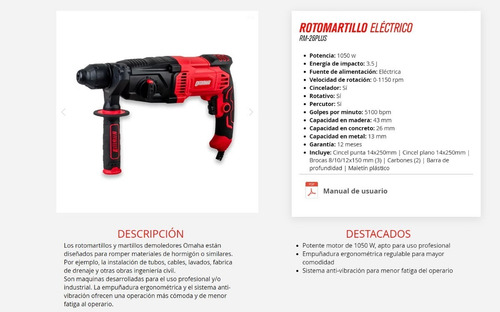 Imagen 3 de 8 de Rotomartillo Percutor Omaha Rm-26 Plus 1050w 2.8 J Sds Plus Maletin