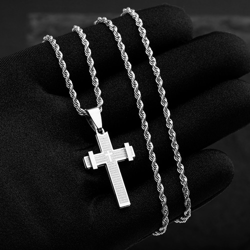 Corrente Cordão Baiano Cruz Masculino Aço Inox J-1368 Prata