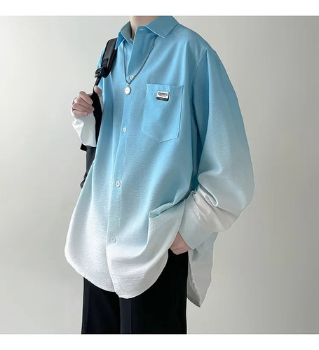 Camisa De Manga Larga Degradada, Corte Holgado Casual Para H