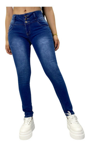 Pantalon Jeans De Mujer Elasticado Tiro Alto, 3 Boton Hq3358