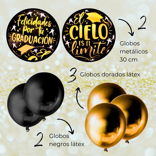 Decoración Globos Graduación Regalo Graduado Kit 7 Pz 30 Cm Dorado El Cielo Es El Límite