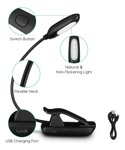 Luz Del Libro Recargable 7 Led,de Intensidad Regulable Luz