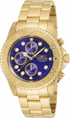 Reloj de pulsera Invicta Pro Diver 19157 de cuerpo color oro, analógico, para hombre, fondo azul, con correa de acero inoxidable color oro, agujas color oro y blanco, dial blanco y oro, subesferas color azul y oro, minutero/segundero blanco y desplegable