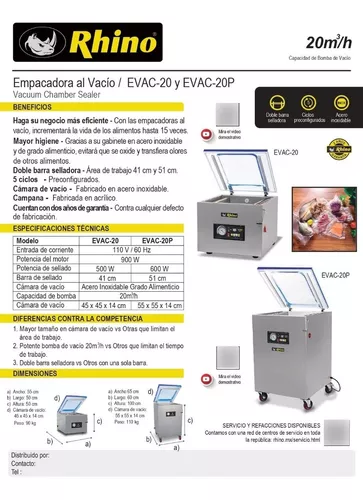 Rhino EVAC-20 Empacadora Vacio Alimentos Comida Barra Selladora 41 cm –  Rhino Kitchenmax