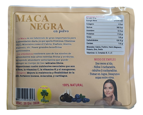 Maca Negra Peruana En Polvo Con Colágeno Y Arándano - 150g Único