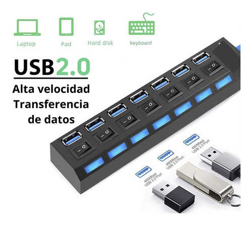 Hub Usb 2.0 Multi Contactos 7 Puertos 32bit Soporta 500gb
