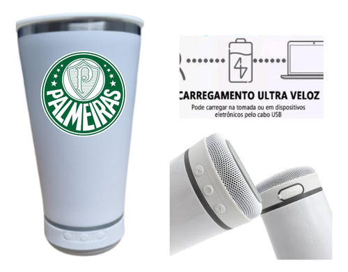 Copo Térmico C/ Caixa De Som Bluetooth Palmeiras Branco