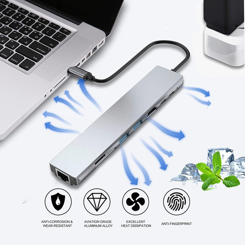 Adaptador Usb-c A Hdmi 8 En 1 Con Ethernet Y Concentrador