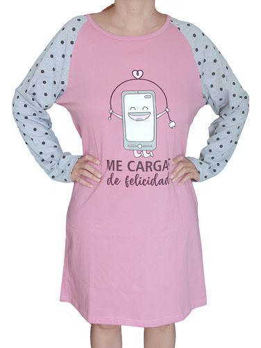 Camison Largo Mujer Manga Larga Remeron Rosa Gris Talle 44