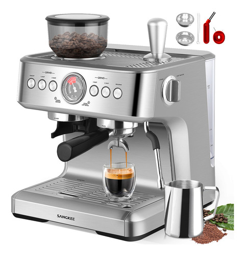 SANGKEE Máquina de Espresso con Molinillo y Varilla de Vapor, Cafeteras Espresso Profesionalde 20 bares con Doble Caldera & Tecnología de Calentamiento,Capuchino y Latte para Uso Doméstico y Comercial