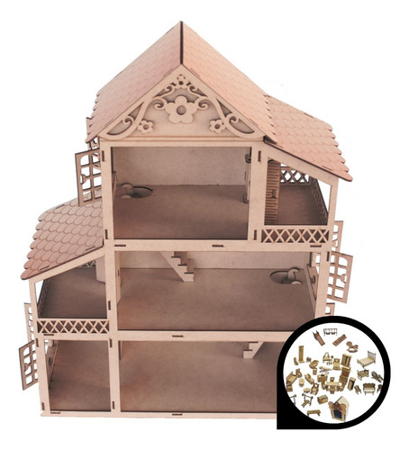 Casa Casinha Boneca Para Polly - Lol + Mini Móveis Mdf Crú