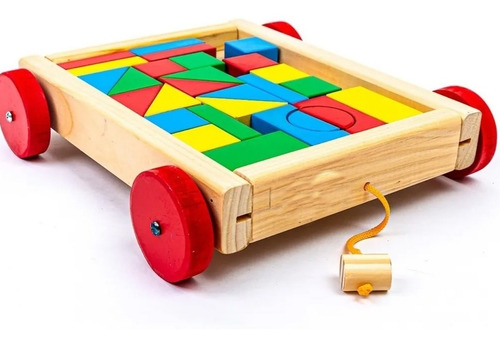 Imagen 1 de 10 de Juego Carro Madera 28 Bloques Construcción Tira Con Arrastre