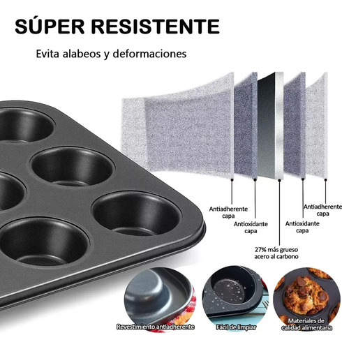 2 Moldes Charola 12 Cupcakes Acero Anti-adherente Repostería Gris