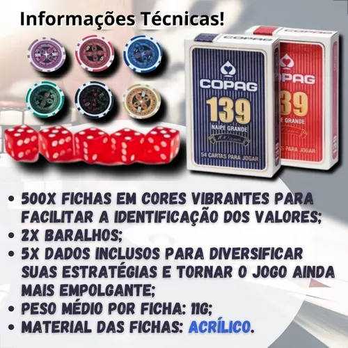 Maleta de poker 500 fichas baralho dados kit completo jogador