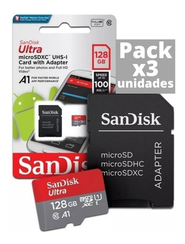 Pack X3 Memorias Micro Sd 128 Gb Sandisk Clase 10 Celulares 