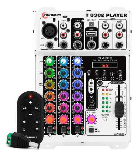 Mesa de Som 3 Canais Player Multicolor T0302 Mixer Taramps T 0302 Equalizador Mp3 Usb Fm Bluetooth 72 Efeitos Rgb Led 12V