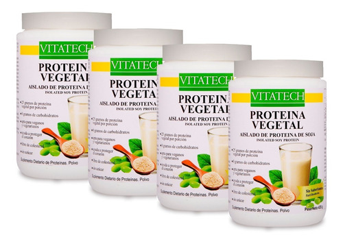 Proteína Vegetal Vita Tech X 4 Unidades De 435 G C/u + Vaso De Regalo Apta Para Dietas Veganas Y Vegetarianas