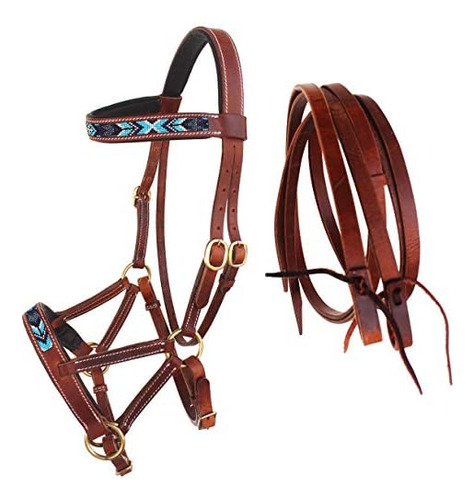 Horse Western Leather Beaded Bitless Sidepull Bridle Re...