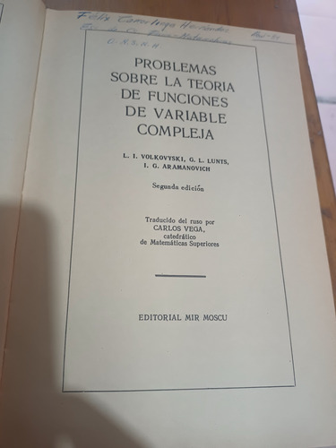 Problemas Sobre La Teoria De Funciones De Variable Compleja (Usado)