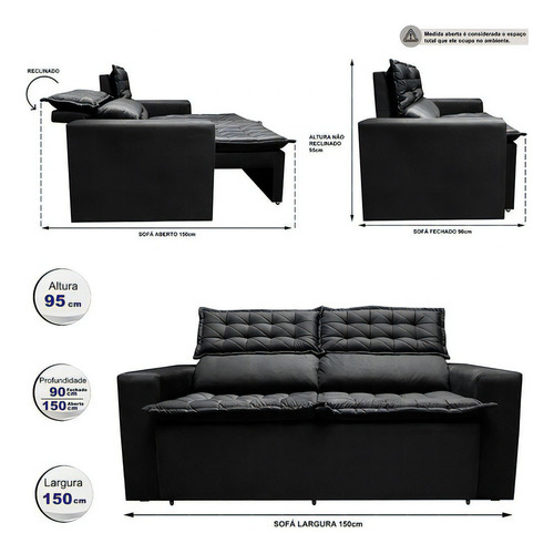 Sofá Retrátil e Reclinável Cama inBox Slim 1,50m Tecido Suede Velusoft Preto