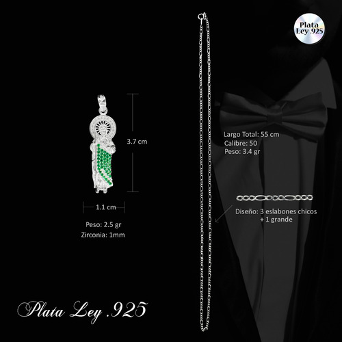 Set De 3 Dijes De Plata San Judas Tadeo Con Incrustaciones De Zirconia Verdes Y Cristalinas Con 3 Cadenas De Plata Calibre 50 Con 55 Cm De Longitud Ideal Regalo Boda Bautizo Xv Años