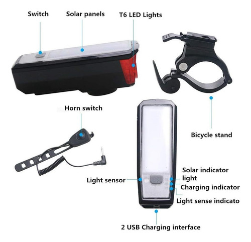 Faro Bicicleta Con Bocina Carga Solar/usb Luces De Seguridad