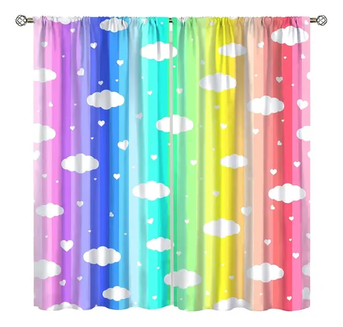 Cortinas Infantiles Con Estampado De Nubes Y Arcoíris - 2 Paneles 46x72 Pulgadas, Ojales Metálicos, 100% Poliéster