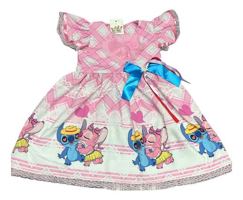 Vestido Infantil Festa Junina Stitch Rosa Com Coração Renda