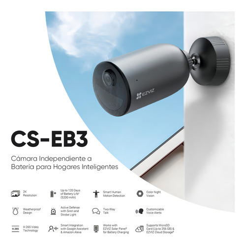 Ezviz Cámara De Seguridad Ip Inalámbrica Con Batería Recargable Cero Cables Con Detección Humana Y Colores En Oscuridad 2k - 3 Megapixel + Sirena Y Estrobo Modelo Cs-eb3