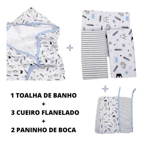 Kit Toalha De Banho + 3 Cueiro + 2 Pano De Boca Menino Bebê