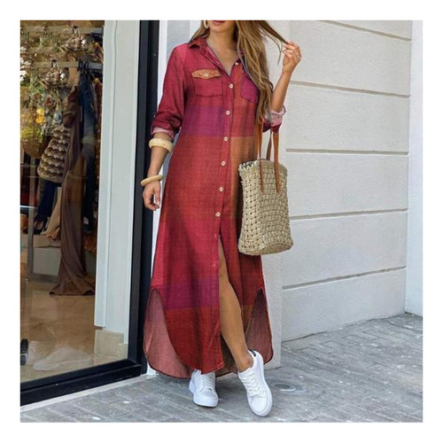 Vestido Camisero Holgado Con Botones Y Bolsos Con Estampado