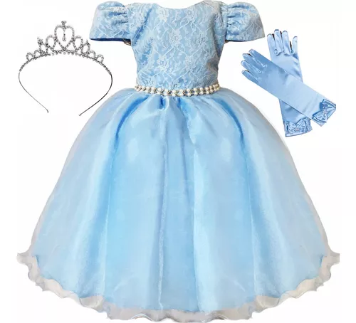 Vestido Festa Infantil Frozen Cinderela Com Tiara Luvas