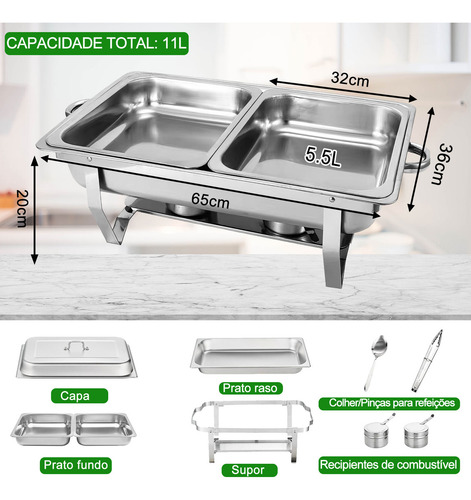 Rechaud Retangular 11 Litros Com 2 Cubas 1/2 Banho Maria E Fogão A Álcool 100% Aço Inoxidável Ideal Para Bufês Restaurantes Banquetes Potlucks Gaonas®