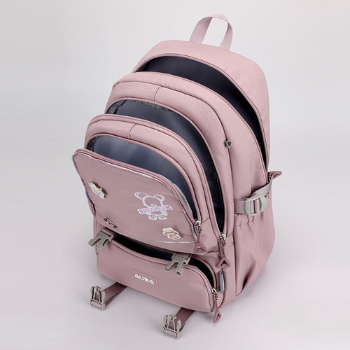 Mochila Jovem Escola Notebook Espaçosa Cor Rosa Urso Desenho Do Tecido Liso