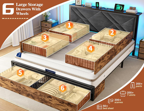 Base De Cama Matrimonial Con Luz Led,6 Cajones Marron Marron Vintage