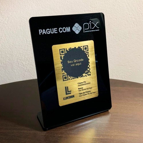 Imagem 2 de 3 de Placa Pix Para Pagamento Qrcode Acrílico Preta Face Dourada