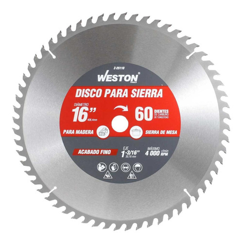 Disco Sierra Circular P/madera 16'' X 1-3/16'' 60d Buje 25mm