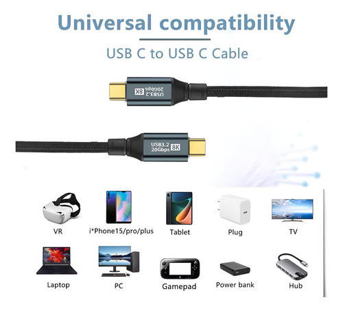 Cabo Usb-c P/ Tipo C 100w Usb 3.1 20gb Velocidade 8k 1m