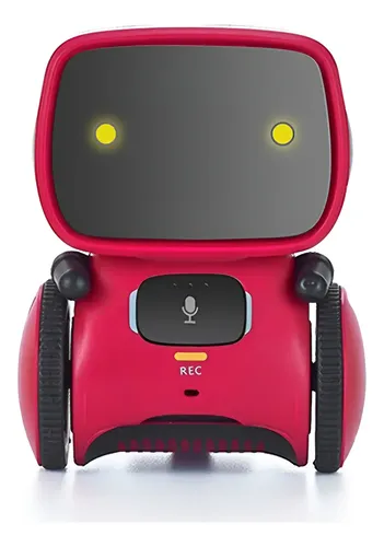 Robô interativo de brinquedo na cor vermelha com olhos iluminados e painel de controle de voz no peito